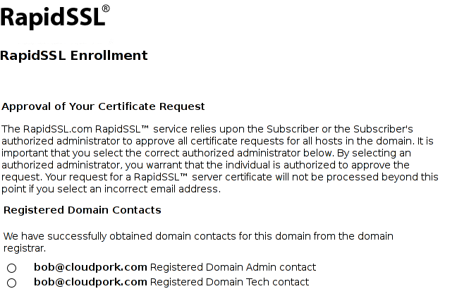 Screenshot of RapidSSL UI showing bob@cloudpork.com as an acceptable administrative email address