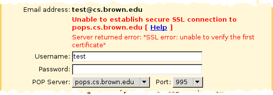 Screenshot showing error message 'Unable to establish secure SSL connection'