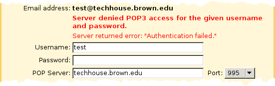 Screenshot showing error message 'Server denied POP3 access for the given username and password'